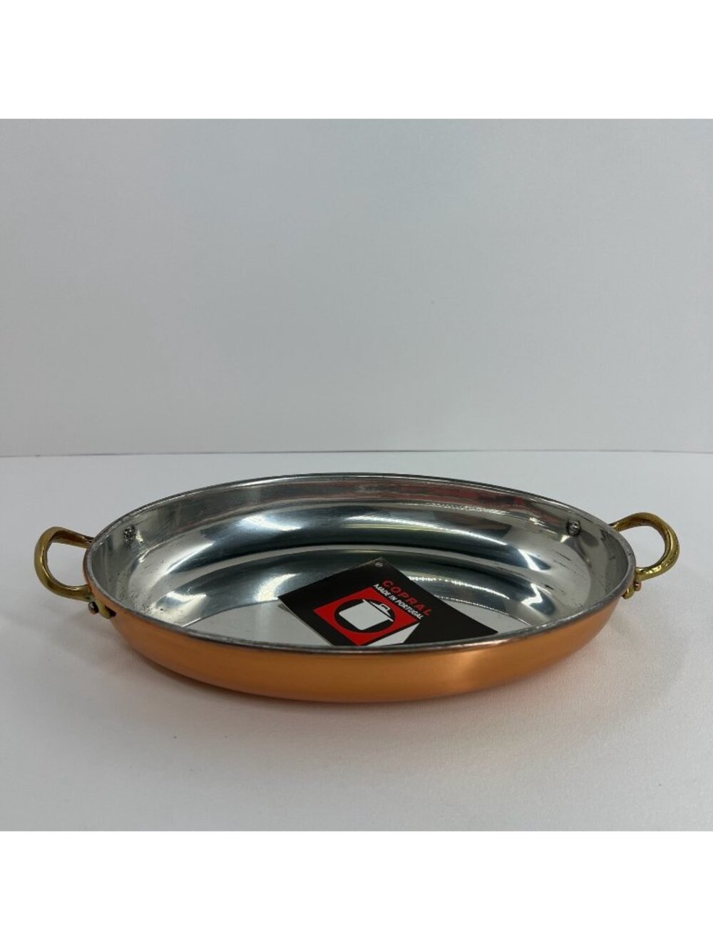 Copral Vintage Copper Oval Gratin Pan Brass Handles Tin Lined Fish Skillet 10"
